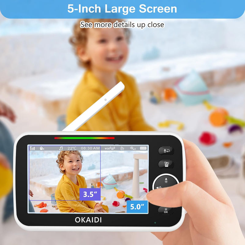 OKAIDI Video Baby Monitor with Camera and Audio, 5" Display Baby Monitor No WiFi, 30H Battery and 1000ft Range Baby Monitor, Remote Pan-Tilt-Zoom Baby Camera, Night Vision, 2-Way Talk, VOX,Temperature