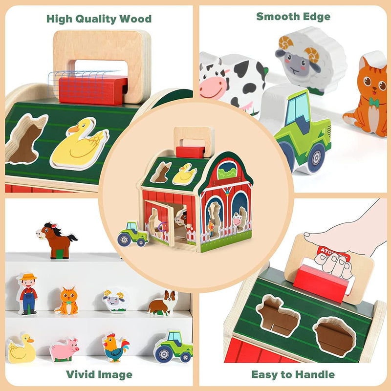 AM ANNA Wooden Farm Animals Shape Sorter Toys, Take-Along Sorting Wooden Barn Toy with Roof and Handle,Montessori Learning Toys for Fine Motor Games for Toddlers 1 2 3 Year Old