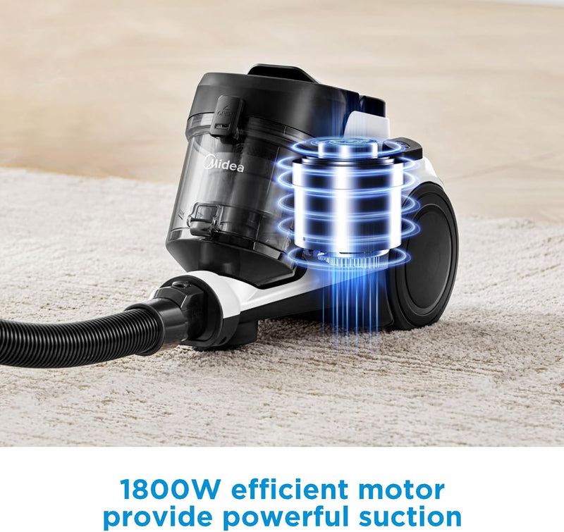 Midea Vacuum Cleaner 1800W Bagless Canister 2L Dust Capacity With HEPA Filter, Easy Emptying, 200W Suction power, Washable Filter For Pet Hair, Carpet, Tile, Hard Floor, White - MC08MEWH