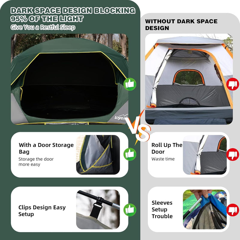 4 Person Blackout Camping Tent, Easy Setup Waterproof Family Dome Tent for Camping with Rainfly, Portable Double Layer Large Family Tent for Outdoor Camping&Hiking - Dark Green