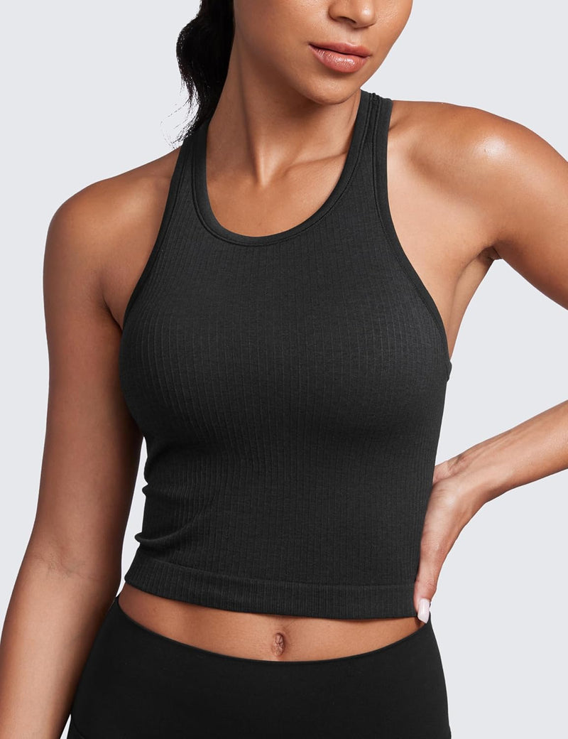 CRZ YOGA Womens Seamless Ribbed Longline High Neck Sports Bra - Racerback Padded Slim Fit Crop Tank Top with Built in Bra