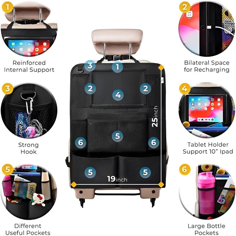1Pcs Car SeatBack Organizer, Auto Seat Back Kick Mat with 9 Storage Pockets, Vehicle Waterproof Seat Protector with Touch Screen Tablet Holder for Kids, Universal Car Travel Accessories (19x25in,Gray)