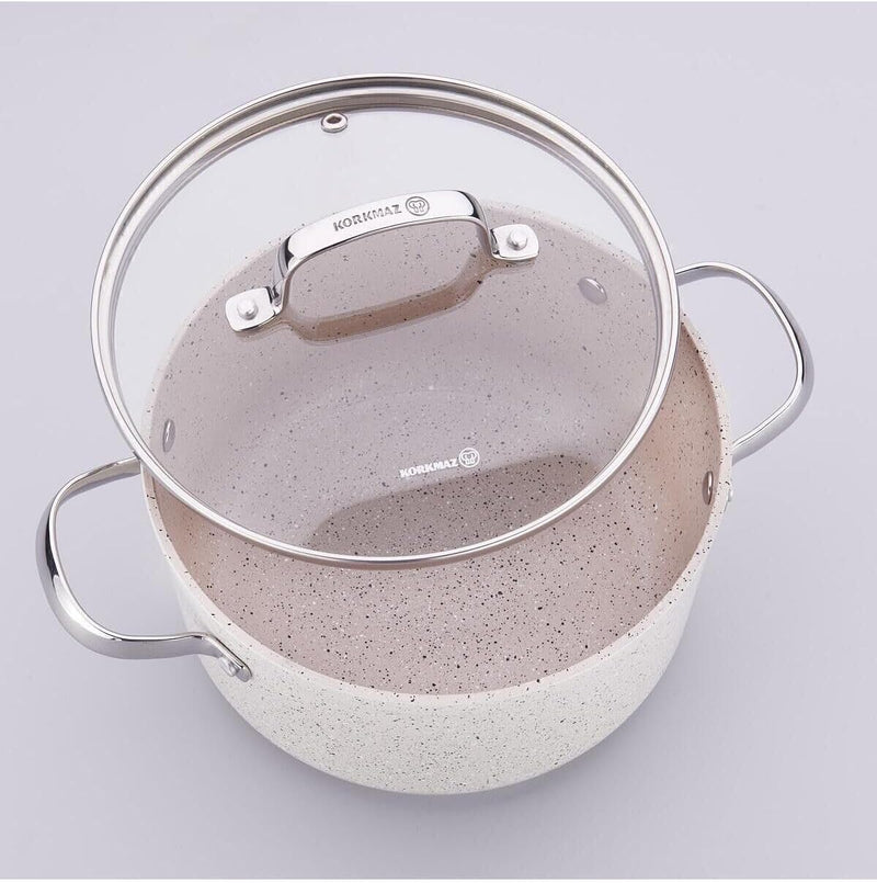 Korkmaz Granita 7 Pieces Non-Stick Cookware Set Forged Aluminum Granite Coated Induction Base Cookware Pots and Pans Set Beige - KA1272