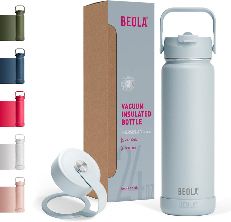 750ml Water Bottle 18/8 Stainless Steel 304 Double Wall Insulated thermo Bottle with Straw Lid and wide mouth, 2 lids included, Hot Cold Liquids Sports Bottle, 25oz (Sage Mist) - Ice Blue