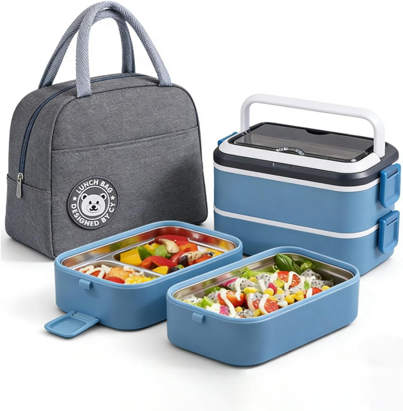 TAPIT Stainless Steel Lunch Box - Insulated Bento Box Multifunctional Containers Food Containers with 2 Compartments,Tableware, Nylon insulation bag (Grey) - 1.6L Blue