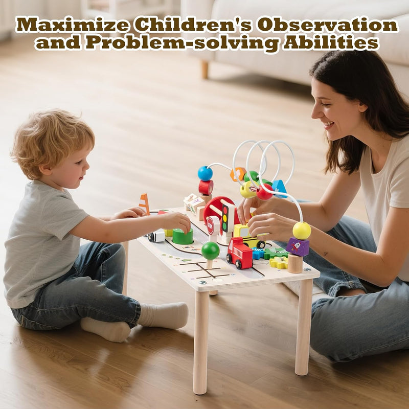 Montessori 7-in-1 Wooden Activity Table, Motor Skills Toy with Shape Sorter, Wooden Toy from 3 Years, Baby Play Table, Birthday Gifts for Boys and Girls from 36 Months