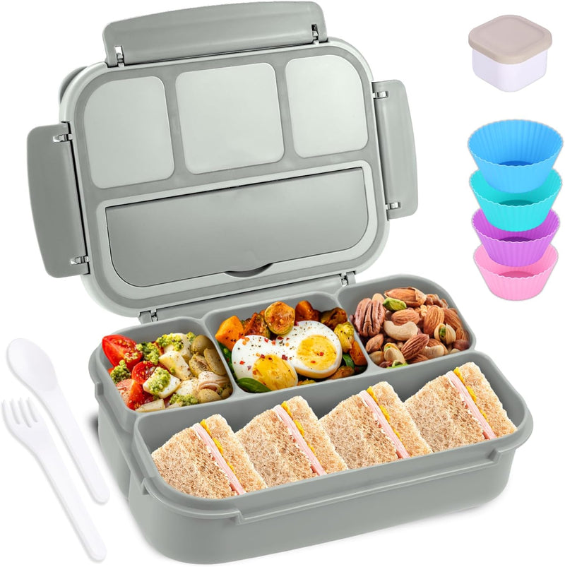 Bento Box Adult Lunch Box, Containers for Adults Men Women with 4 Compartments, Lunchable Food Container with Utensils, Sauce Jar, Muffin Liners, 40 Oz/5 Cup, Microwave & Dishwasher Safe, Brown - Gray 1200ML