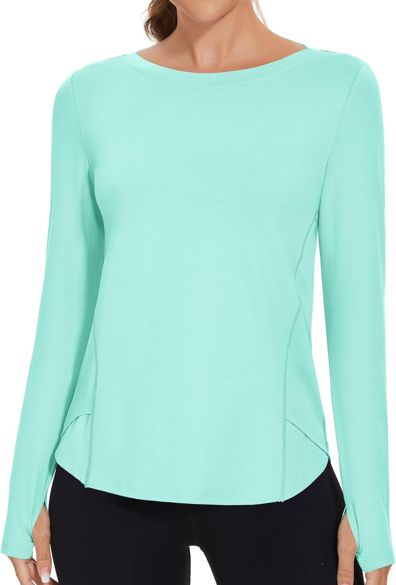Rapbin Women's UPF 50+ Sun Protection T-Shirts Long Sleeve Boat Neck Workout Lightweight Quick Dry Top with Thumb Hole