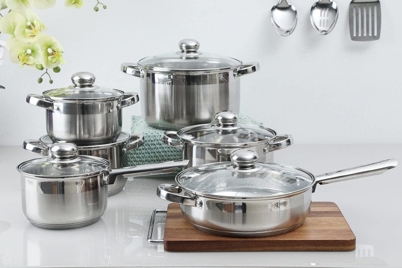 Wilson by Cuisine Art Stainless Steel 12-Piece Cookware Set - Casserole, Saucepan, Fry PanCooking set Heavy Duty With Stainless Steel Handle Gas, Stovetops Compatible For Family Meals