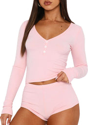 Women 2 Piece Ribbed Knit Pajama Set Long Sleeve Button Crop Top and Shorts Lounge Sweatsuits Sleepwear PJ Set - Pink