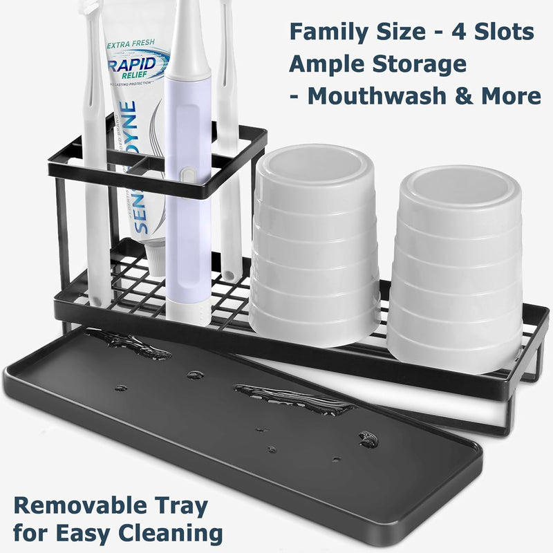 MYITYARD Toothbrush Holder for Bathroom, Metal Countertop Electric Toothbrush Holder with Toothpaste Holder and Cup Storage Organizer, Bathroom Accessories Removable Drain Tray, Black - Black