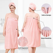 Women Wrap Towel Robe, Soft Highly Absorbent Shower Wrap Bathrobe with Snap Closure, Adjustable Spa Robe for After Bath, Includes Hair Turban, Pink Bathing Wrap for Ladies