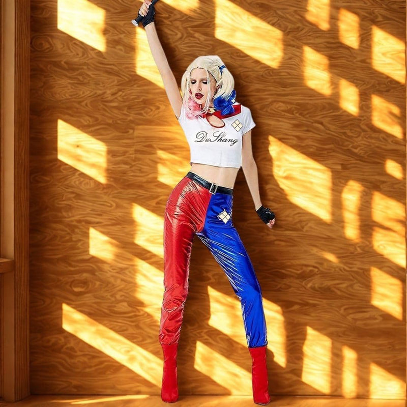 WP Wanna Party Halloween Costume for Women-Harley Quinn Costume Red & Blue Costume with Jacket, Pants and Sleevless Tees - Size - L for Halloween Costume for Adults