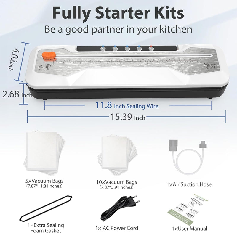 KASTWAVE Automatic Food Vacuum Sealer, Vacuum Sealer Machine 5 Modes with 5 Sealer Bags and Built-in Cutter, Compact One-Touch Food Sealer Vac Pack Machine for Sous Vide & Dry Moist Foods, White