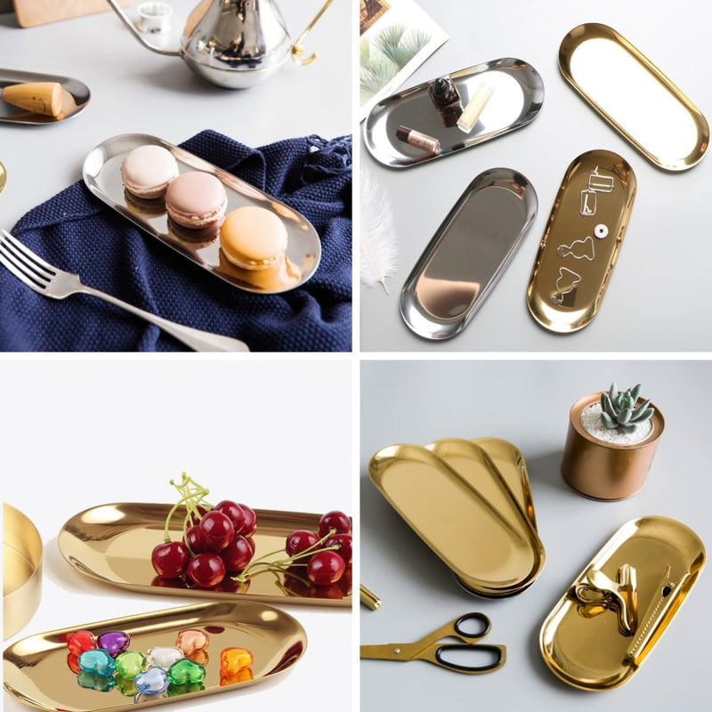 Fermus Stainless Steel Decorative Tray, Set of 2, 9 Inch Long, Jewelry Dish Cosmetics Organizer Bathroom Clutter Serving Platter Small Storage Tray, Oval, Gold