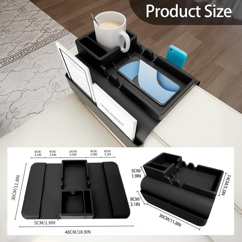 Silicone Sofa Armrest Tray with 5 Side Pockets Anti-Slip Recliner Armchair Caddy Organizer for Drinks, Remote, Tablet, Snacks, Phone Living Room Couch Storage Holder, Black