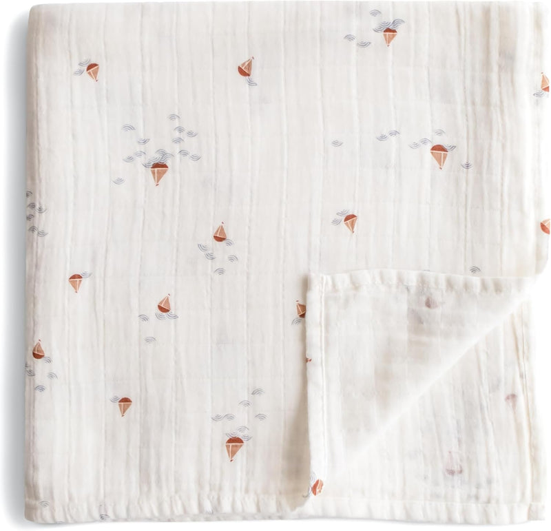 Organic Cotton Muslin Baby Blanket - Extra Soft Breathable Newborn Baby Blanket for Swaddling, Nursing & Cuddling - Pre-Washed for Delicate Skin Caramel Dots - Boats