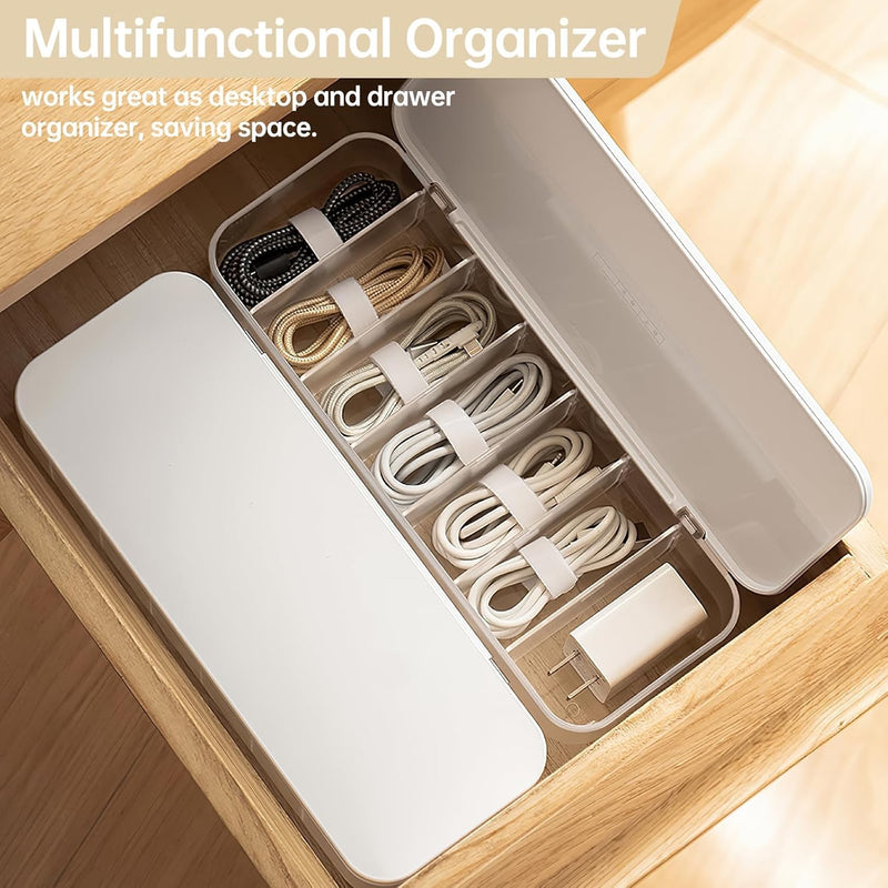 Cable Organizer Storage Box with 7 Wire Ties, Desktop Cable Management Box with Lid, Power Cord Organizer with 7 Compartments for Office, Home, Desk Accessories Storage Stationery Supplies White