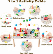 Montessori 7-in-1 Wooden Activity Table, Motor Skills Toy with Shape Sorter, Wooden Toy from 3 Years, Baby Play Table, Birthday Gifts for Boys and Girls from 36 Months