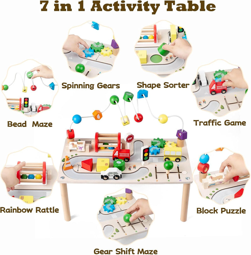 Montessori 7-in-1 Wooden Activity Table, Motor Skills Toy with Shape Sorter, Wooden Toy from 3 Years, Baby Play Table, Birthday Gifts for Boys and Girls from 36 Months