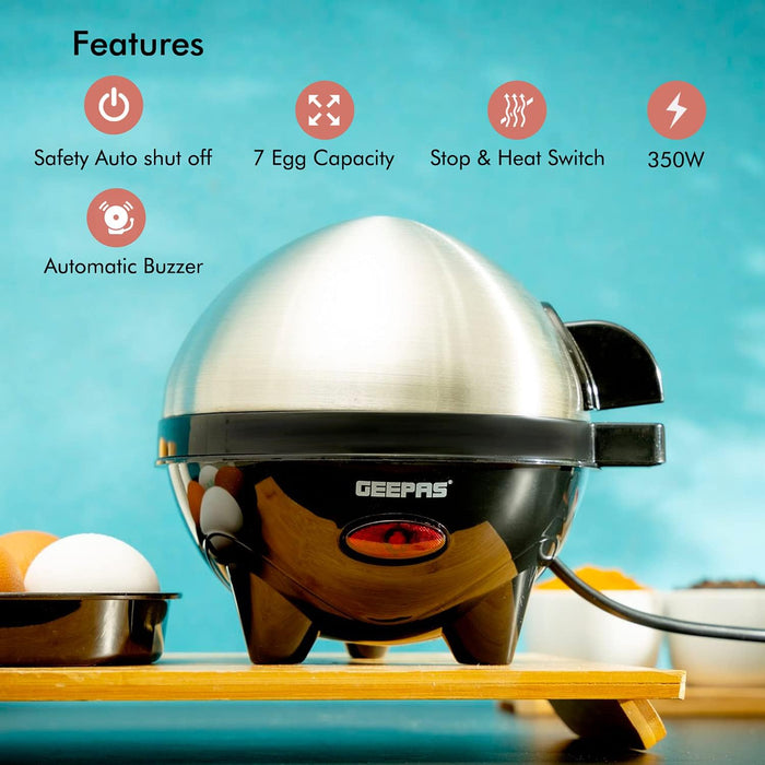 Geepas 350W Egg Boiler - Egg Cooker, Measuring Cup with Egg Piercer Included - Up to 7 Eggs Capacity - 2 Year Warranty