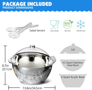 MEHOEIME Large Ice Chill Salad Bowl with Lid, Iced Serving Bowl with Ice Chiller Base For Parties, Keep Food Cold at Party, Ice Chilled Tray, Long Spoons, Extra, Clear