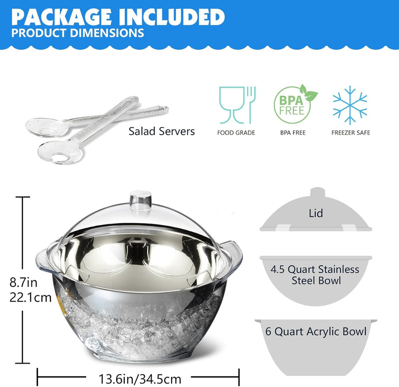 MEHOEIME Large Ice Chill Salad Bowl with Lid, Iced Serving Bowl with Ice Chiller Base For Parties, Keep Food Cold at Party, Ice Chilled Tray, Long Spoons, Extra, Clear
