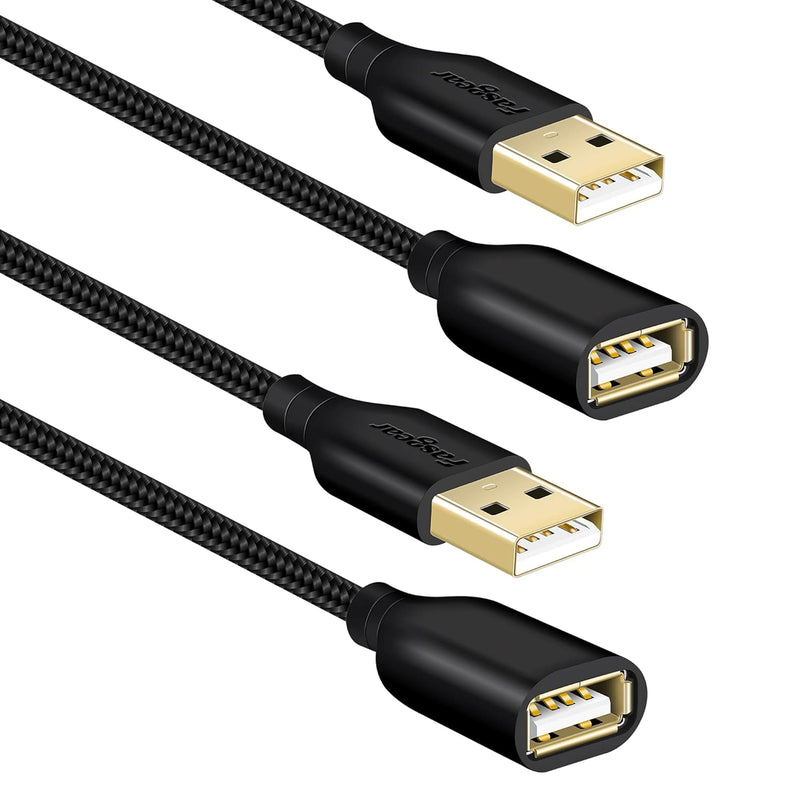 Fasgear USB 2.0 Extension Cable: a Male to a Female USB Extension Lead for Charging and Syncing - USB Extender for Printers |Cameras|Mouse|Keyboards & other Computer Accessories (2 Pack Black, 10ft)