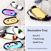Fermus Stainless Steel Decorative Tray, Set of 2, 9 Inch Long, Jewelry Dish Cosmetics Organizer Bathroom Clutter Serving Platter Small Storage Tray, Oval, Gold