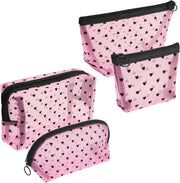4 Pieces Mesh Cosmetic Bags, Portable Travel Mesh Makeup Bag, Heart Print Zipper Pouch Toiletry Bag for Women Girls (Pink) - Pink