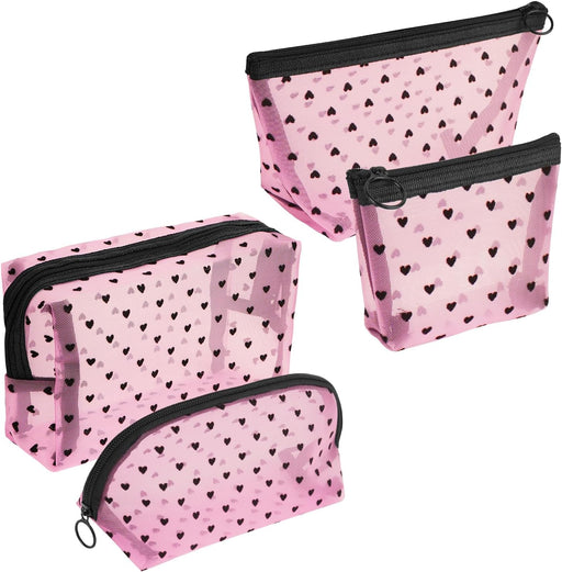 4 Pieces Mesh Cosmetic Bags, Portable Travel Mesh Makeup Bag, Heart Print Zipper Pouch Toiletry Bag for Women Girls (Pink) - Pink