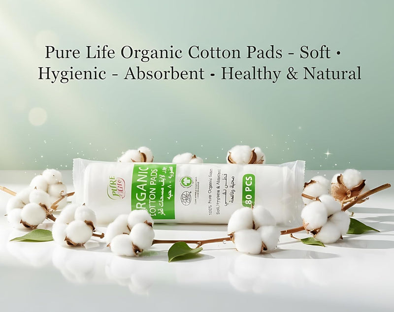 PureLife Organic Cotton Pads 80pcs Soft Reusable Rounds for Face Makeup Removal, Skincare, Cleansing Gentle, Eco-Friendly, Biodegradable Cotton Pads