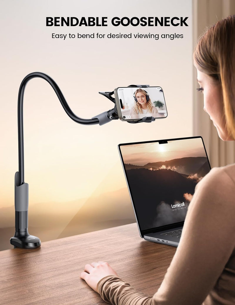 Lamicall Gooseneck Phone Holder for Bed - Cell Phone Mount Clamp Clip, Flexible Long Arm, Overhead Mount for Desk Headboard Bedside, for iPhone 16 Pro Max, 15 Pro Max, 14 Plus, 13 Mini & 4-7" Phone - black