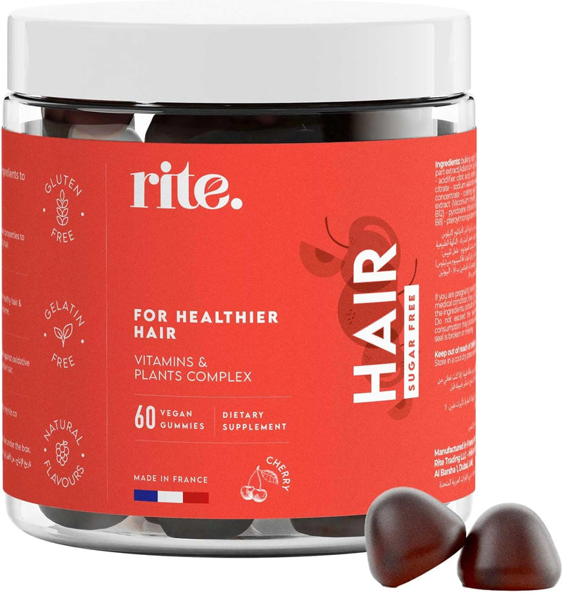Rite Hair Vitamin Gummies, For Healthy Hair, Biotin, Faster Hair Growth, Sugar Free, Vegan, Cherry Flavour (60 Count)