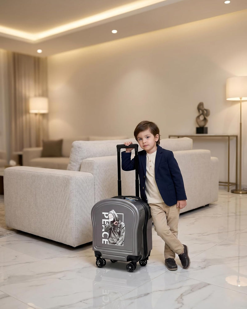 Kids Cute Printed ABS Lightweight 17 Inch (7kg) Cabin Size Luggage, 8 Wheels, Combination Lock Suitcase (Grey) - Grey