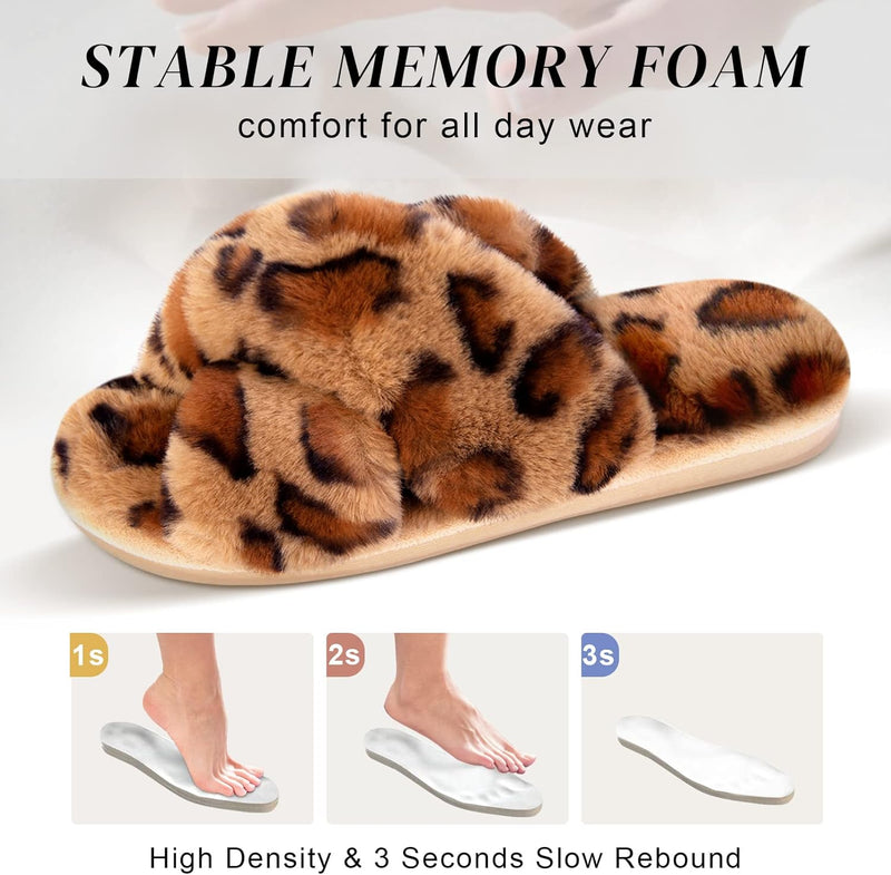 Women's Cross Band Slippers Soft Plush Furry Cozy Open Toe House Shoes Indoor Outdoor Faux Rabbit Fur Warm Comfy Slip On Breathable