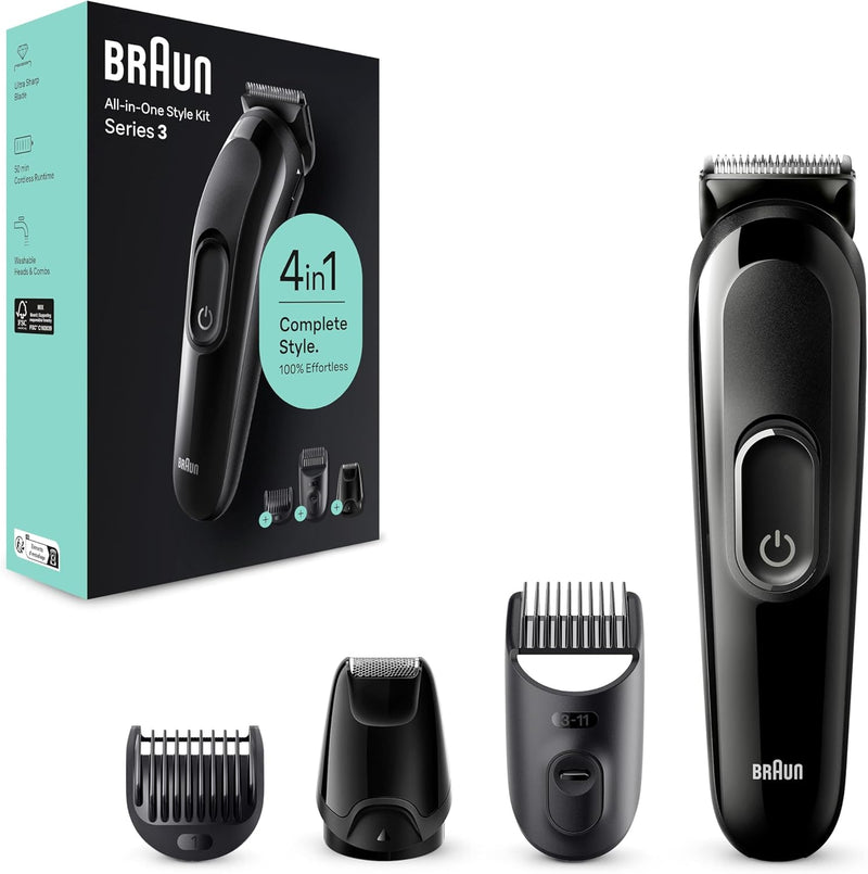Braun All-In-One Style Kit Series 3 SK3400, 4-in1 Face & Head Trimming Kit, Ultra Sharp Blade, Rechargeable 50 Mins Cordless Runtime - Black