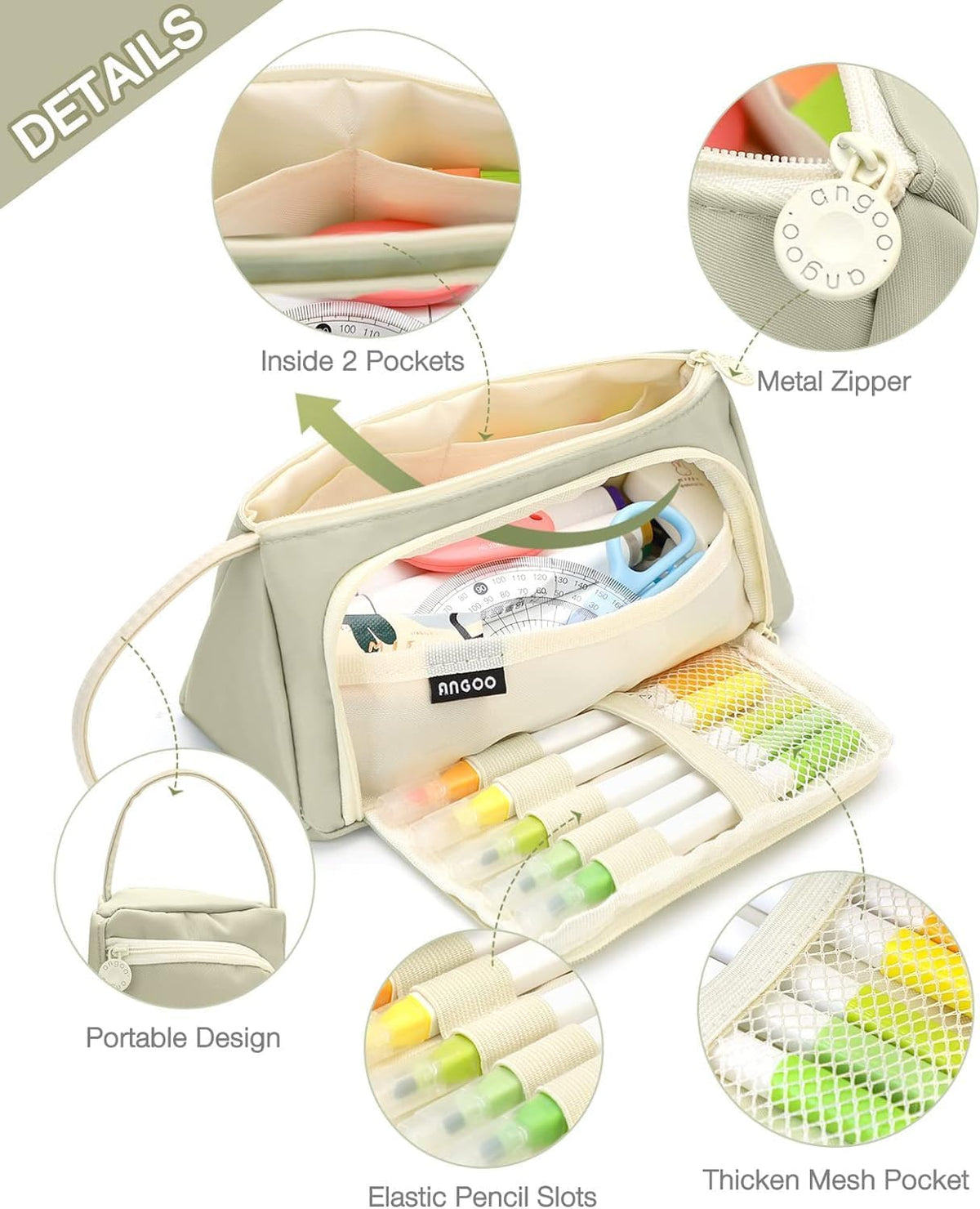 Pencil Case Pen Bag, Large Capacity Pencil Bag, Stationery Storage, Pencil Pouch, Handheld Makeup Pouch Holder, Pencil Organizer, College School Office Supplies for Student Gift (Light Green) – image 2