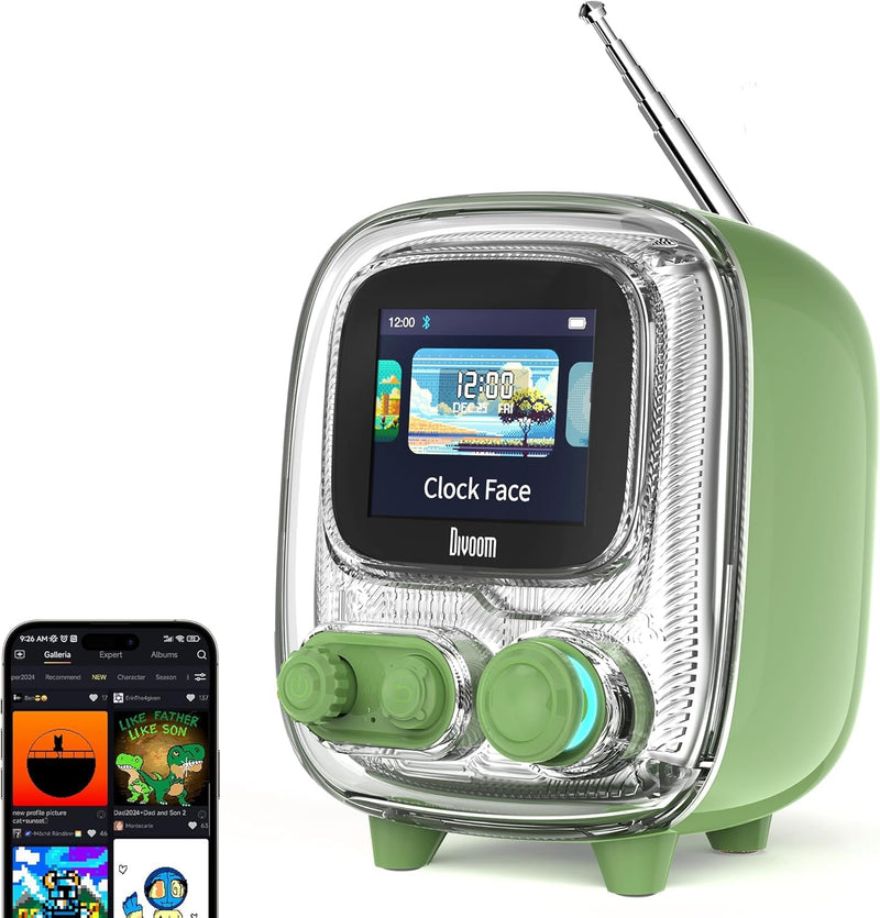 Tiivoo-2 Portable Bluetooth Speaker with FM Radio, Pixel Art Retro Mini Wireless Speaker, Vintage Decor for Party, Office Desk, Home, Bedroom, Kitchen, Retro Green