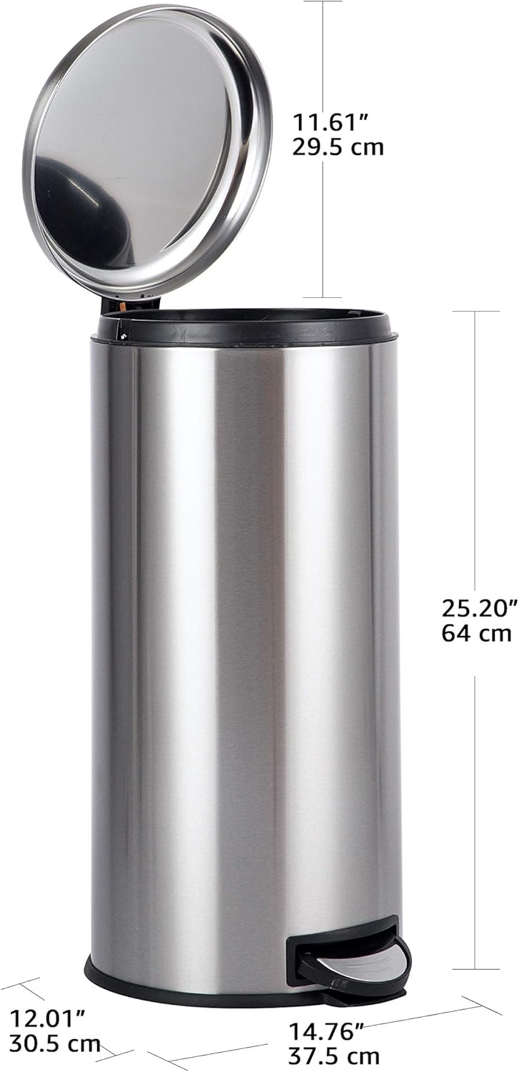 Amazon Basics round pedal trash bin, Stainless Steel, 30L - 30L Single
