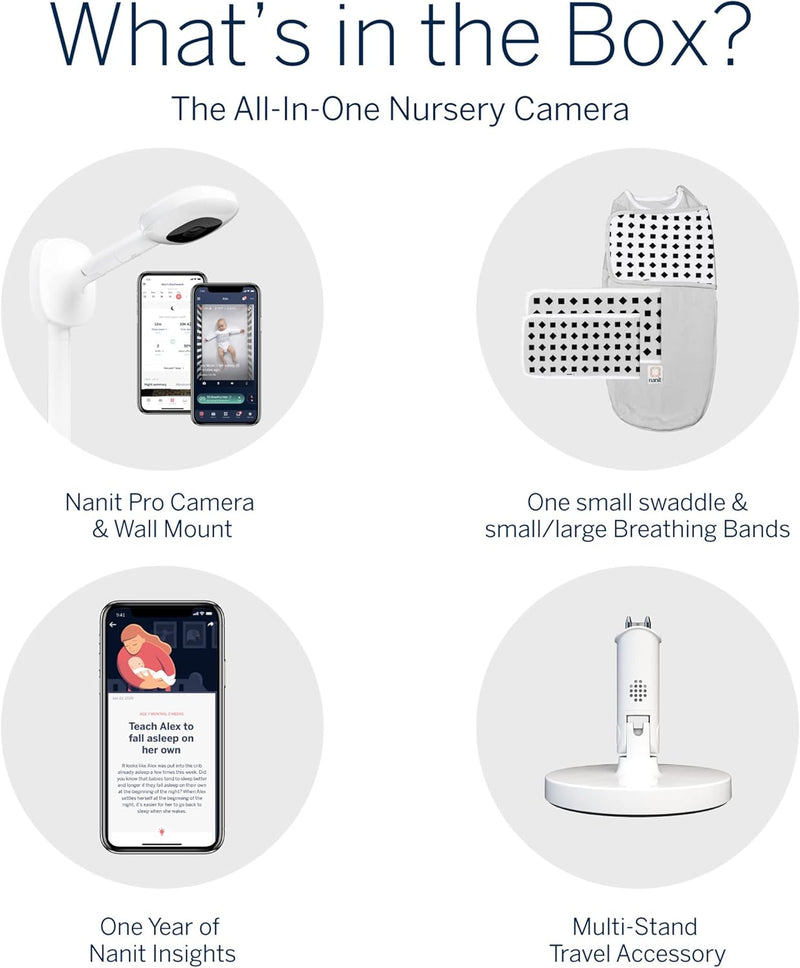 Nanit Pro 1080p HD Smart Baby Monitor & Flex Duo Stand, Featuring Split Screen and Alert Zone Function, Includes Small Breathing Band, White