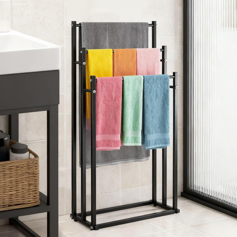 SKY-TOUCH 3 Tiers Metal Towel Rack Freestanding Drying Storage Display Rack for Bathroom Tub Shower Poolside- Bottom 44x21.5CM Height 66/76/86CM (86 44 21cm) Black