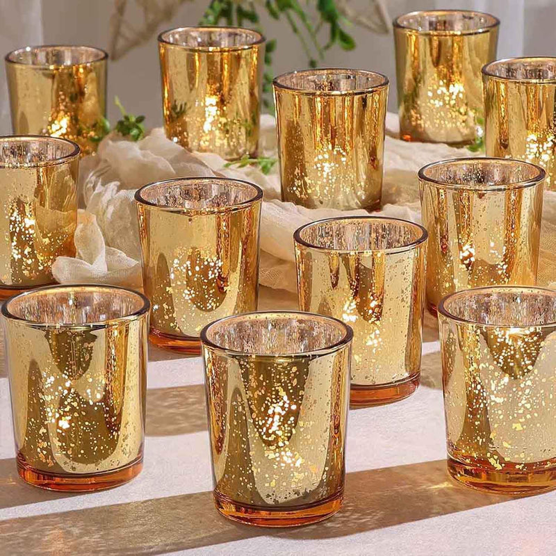 Tea Light Candle Holders, 12 Pack Glass Gold Tealight Holder, Gold Party Decorations, Tea Light Mercury Candle Holder Set for Wedding,Holiday,Home Decor, Valentine Party Ramadan/Eid Decorations