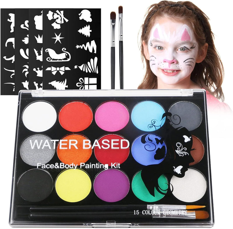 Mumoo Bear Face Paint Kit, 15 Color Painting Palette with 2 Brushes 32 Stencils, Washable Paints Safe Body for Adults Kids Halloween Party Carnival, Makeup Non-Toxic to Use