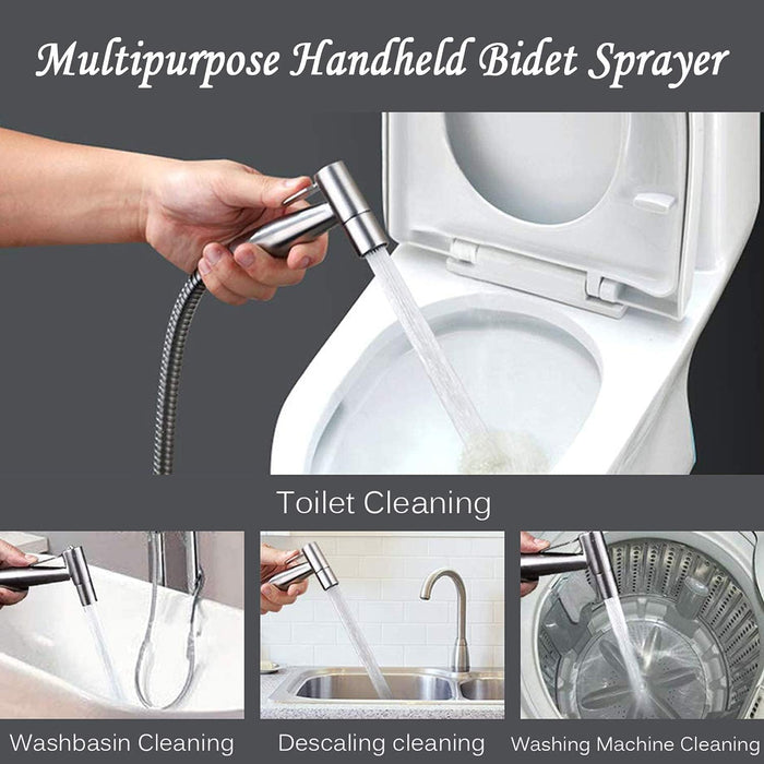 SKY-TOUCH Bidet Spray Shower Handheld Sprayer For Toilet Wash Jet Shattaf Diverter With Pressure Controllable 304 Stainless Steel Head Hose And Holder For Self Cleaning Shattaf Set, Silver
