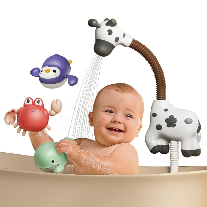 TUMAMA Baby Bath Toy Giraffe Shower Head and 3 Water Swim Toys, Bathtub Water Pump Bathing time Essentials for Toddlers Infants Kids