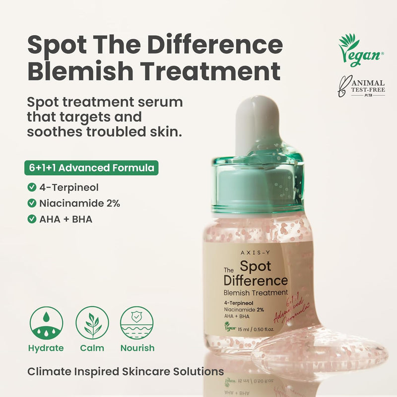 AXIS-Y Spot The Difference Blemish Spot Treatment 15ml - 4-Terpineol 2% Niacinamide AHA BHA Soothes Breakouts & Skin Barrier Repair - Vegan Korean Skin Care Face Serum - 0.50 fl. oz.