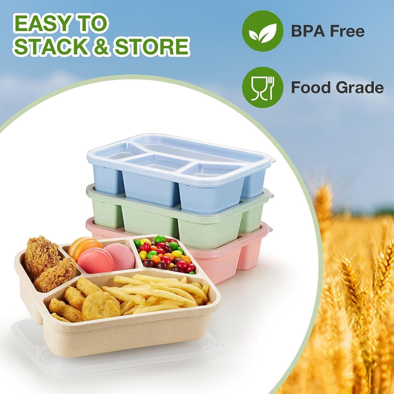 NimbusNote 4 Pack Bento Lunch Box, 4 Compartment Wheat Straw Meal Prep Containers for Kids/Toddle/Adults, BPA Free Reusable Food Snack Storage Containers, Durable Bento Box for School, Work and Travel