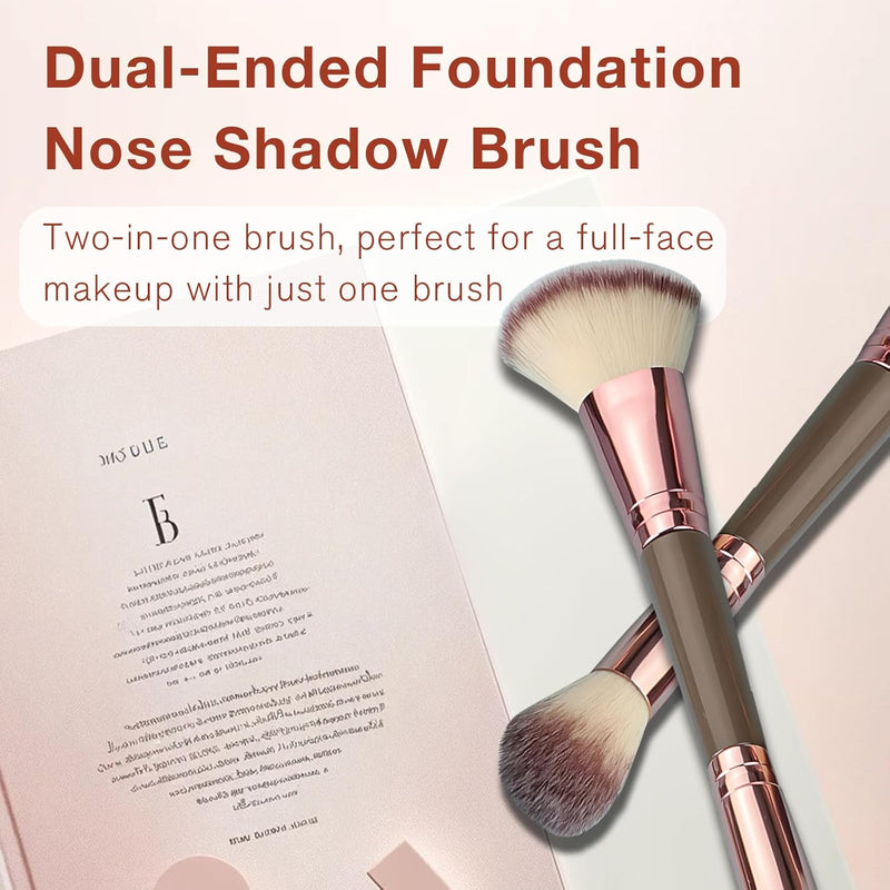 Oasisgalore Double-Ended Foundation Makeup Brush, Angled/Round Top for Liquid, Powder & Cream Blending (Brown)