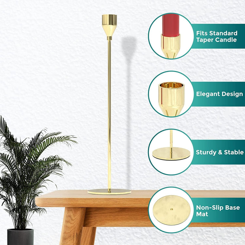 REVHQ Gold Candle Holders,Set of 3 fit for 3/4" Tall Taper Yellow Gold Candlestick&Led Modern Metal Candles, Elegant Stands Decorative Table Centerpieces for Dinning Party Church,Decorative Fitting
